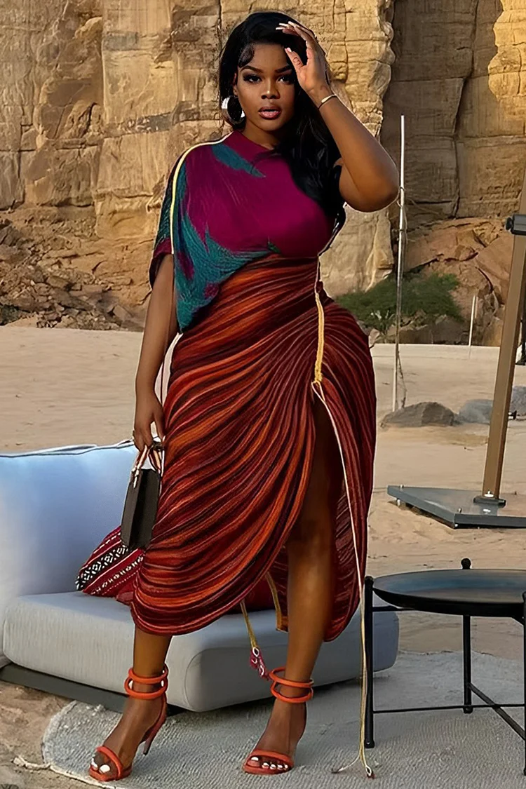 Pleated Multicolored One Shoulder Half Sleeve High Slit Vacation Midi Dresses