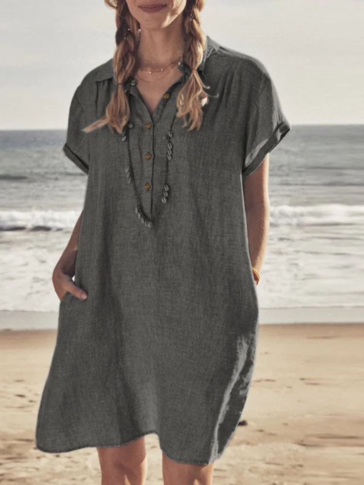 Solid Color Loose Pocket Midi Dress