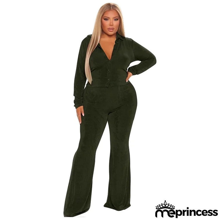 Autumn Winter Women Fashionable Plus Size Solid Color Frosted Velvet Long-Sleeved Top Wide-Leg Pants Two-Piece Set