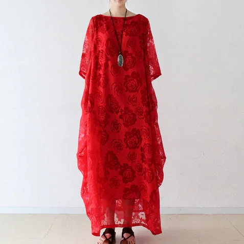 Red roses tulle chiffon caftans maxi dresses causal gown plus size clothing