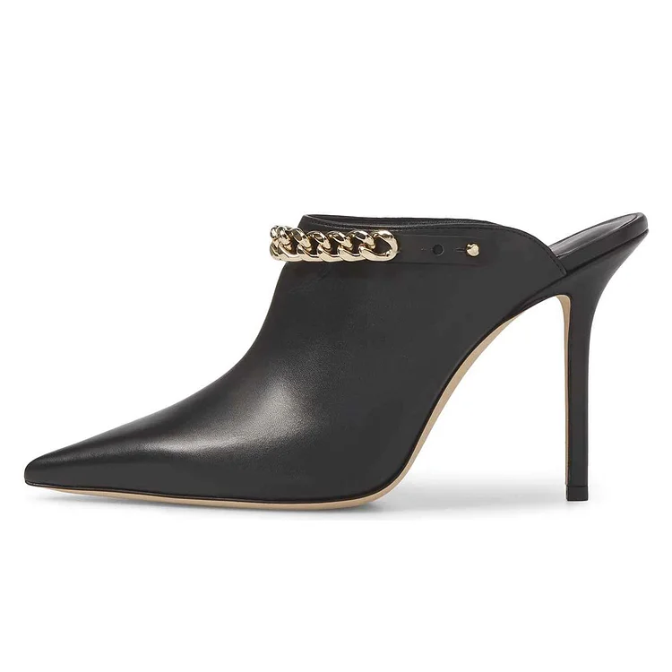 Black Mule Heels with Chains and Pointed Toe Stiletto Heel Vdcoo