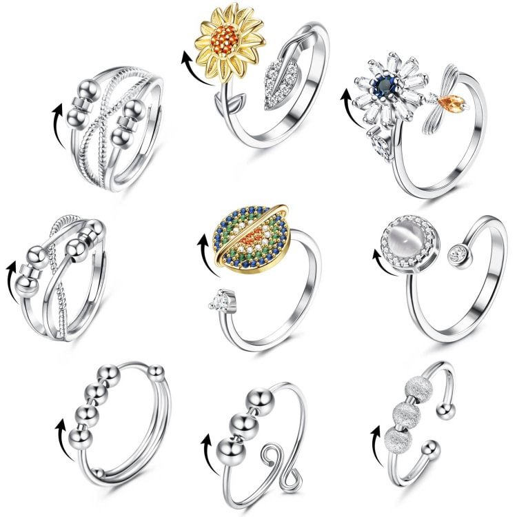 9Pcs Fidget Rings for Anxiety for Women Dainty Bead Fidget Ring Open Adjustable Moonstone Fidget Ring