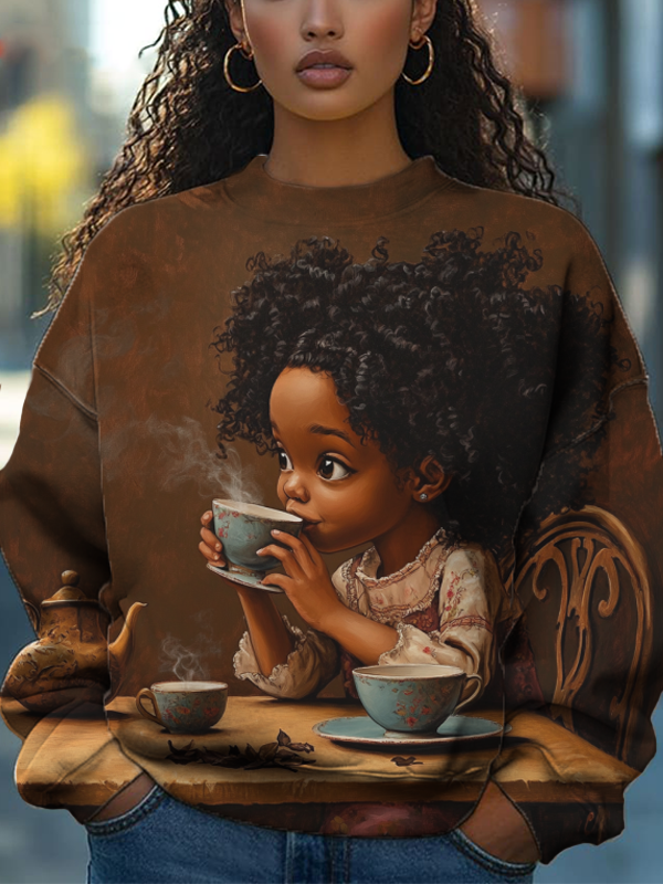 Women's Afro Girl Drinking Hot Tea Art Print Casual Sweatshirt