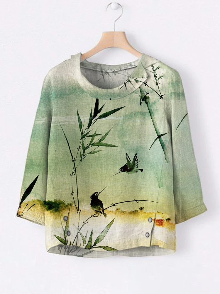 Comstylish Japanese Bamboo & Bird Print Linen Lapel Shirt