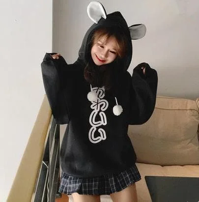 Black/White Kawaii Bunny Ears Fleece Hoodie Jumper SP1710908