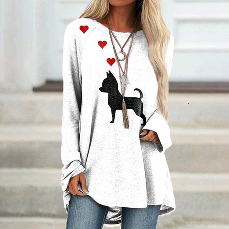 Vefave Crew Neck Long Sleeve Dog Print Casual Tunic