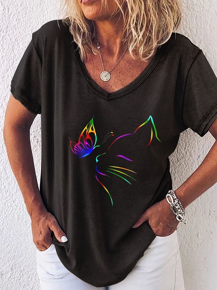 Bestdealfriday Cat And Butterfly Fashion Print Tee