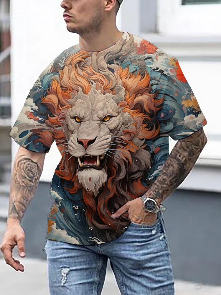 Men's Artistic Lion Painting Graphic Print Short Sleeve T-Shirt