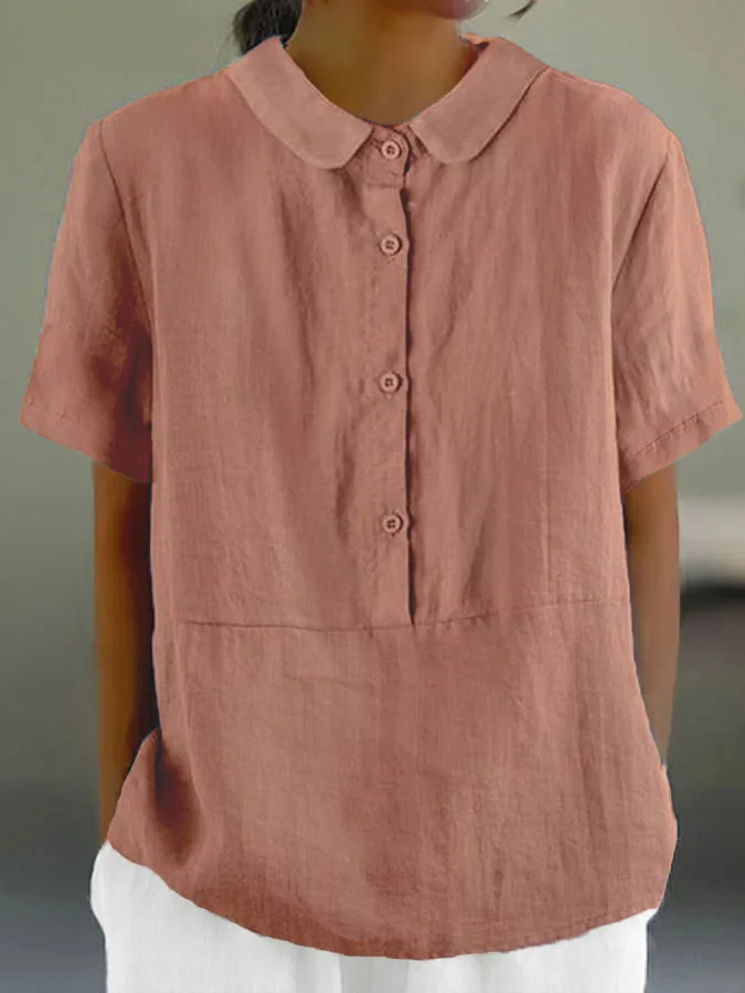 Women's Solid Color Round Neck Button Loose Casual Shirt.