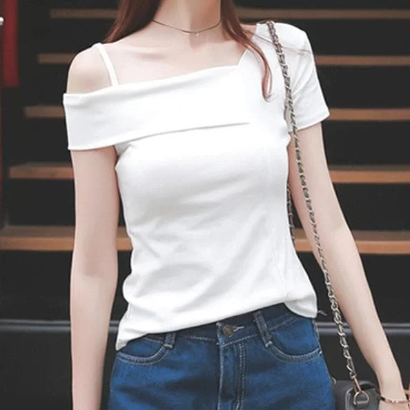 White/Yellow/Black/Blue Off-Shoulder Strap T-Shirt SP179455
