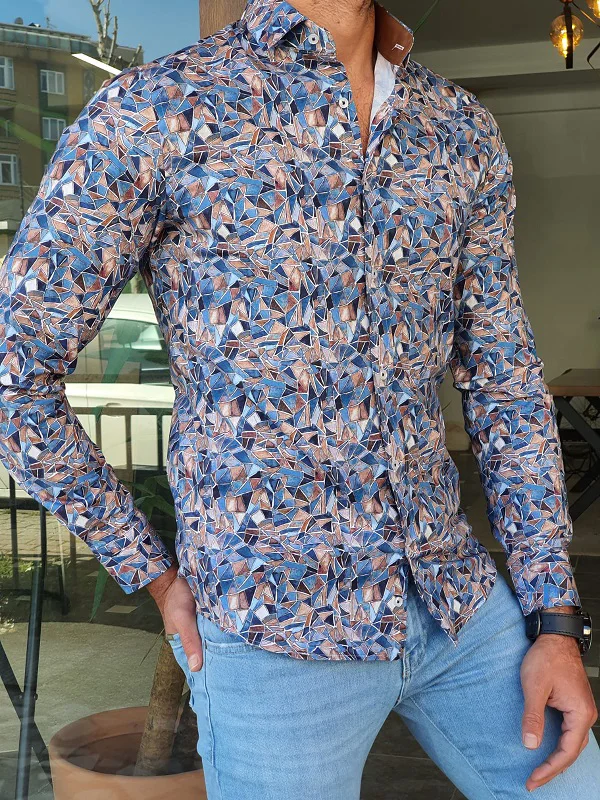 Men's fashion geometric print long sleeve slim shirt