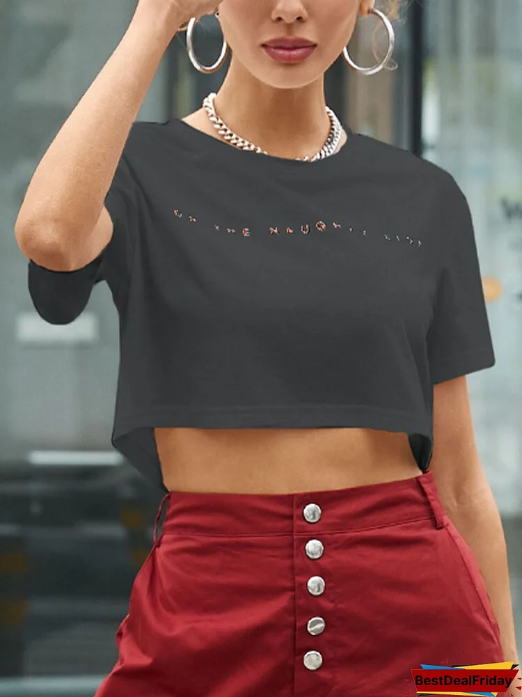 Letters Print O-neck Short Sleeve Casual Crop Top For Women