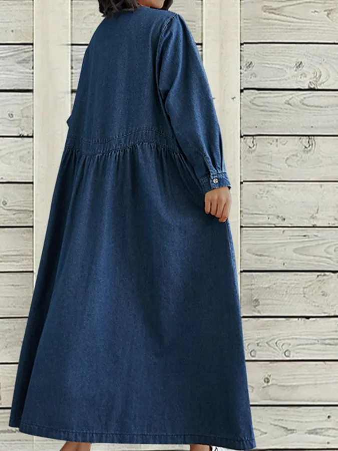 Loose Vintage Long Sleeve Denim Maxi Dress With Pockets