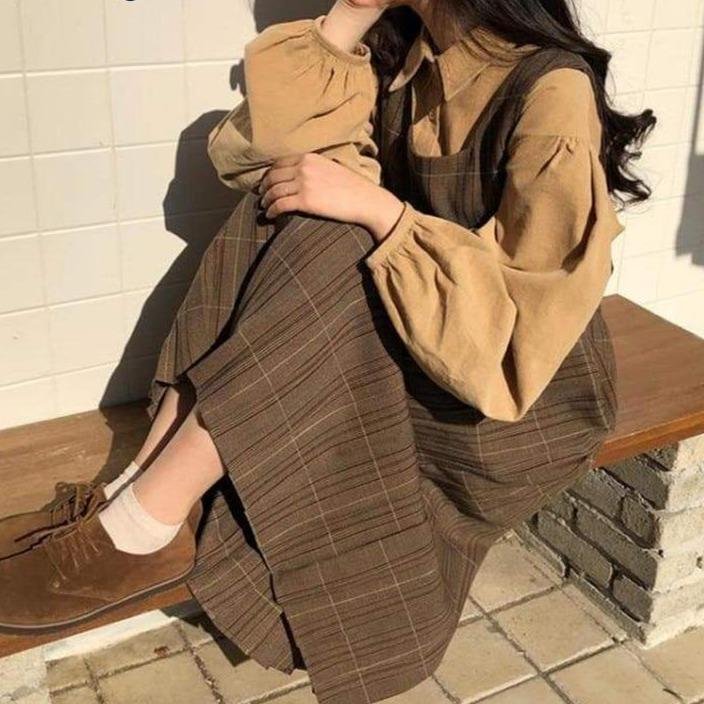 Dark Academia Autumn 2PCS Set Vintage High Waist Dress And Puff Sleeve Blouse SP16289