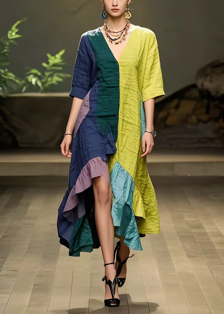 New Retro Asymmetrical Patchwork Ruffles Cotton Dress Summer