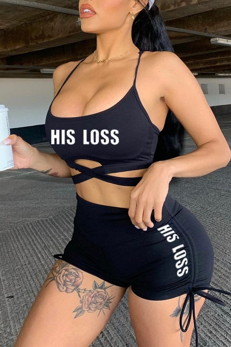 Sexy Casual Letter Print Backless Spaghetti Strap Sleeveless Two Pieces - BlackFridayBuys