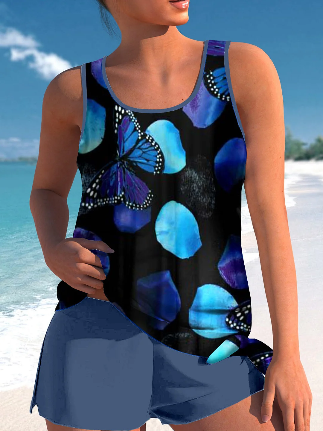 Bowknot Blue Floral Printed Graphic Mid Waisted Tankini Set - Plus Size Available
