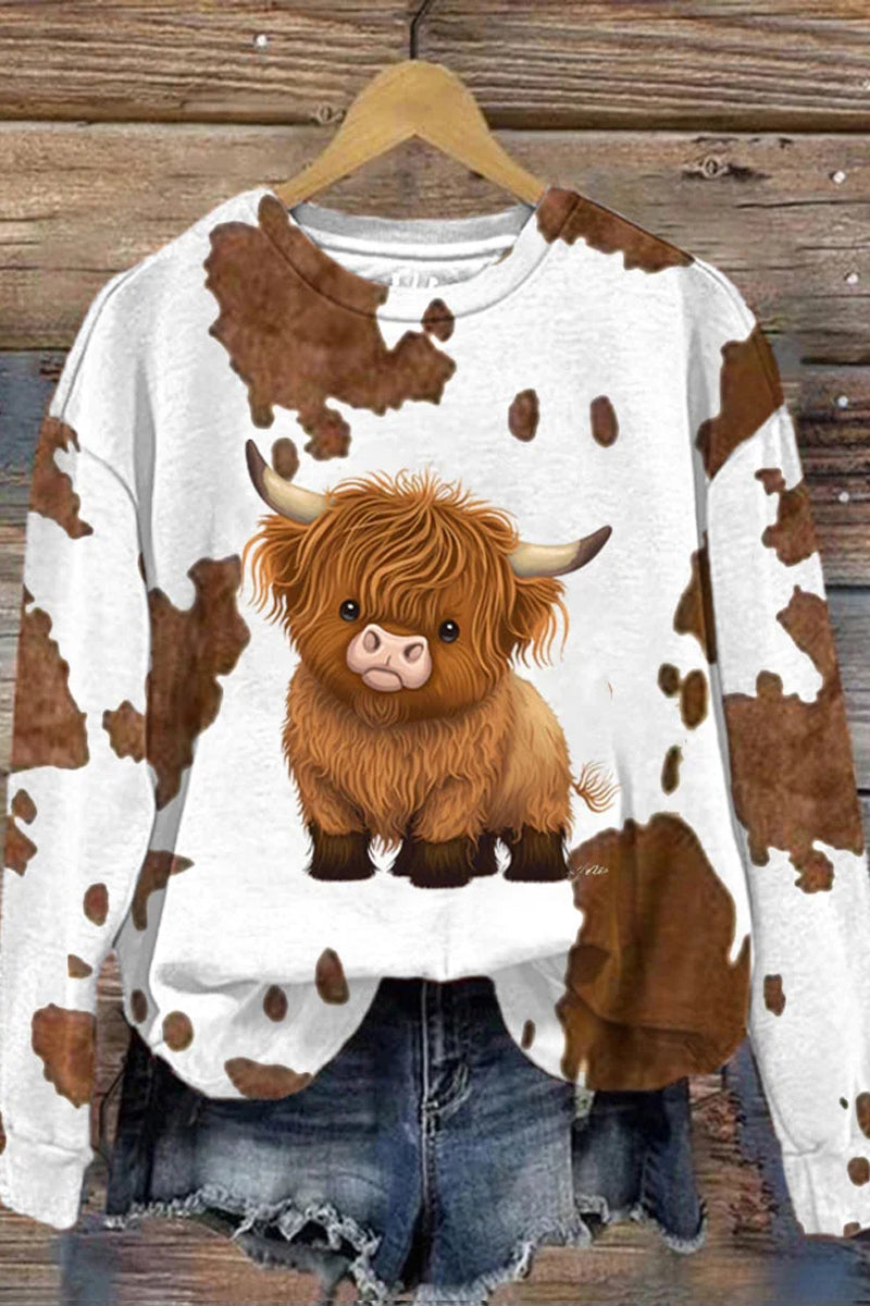 Women's Casual Round Neck Western Style Cute Highland Cow Print Sweatshirt