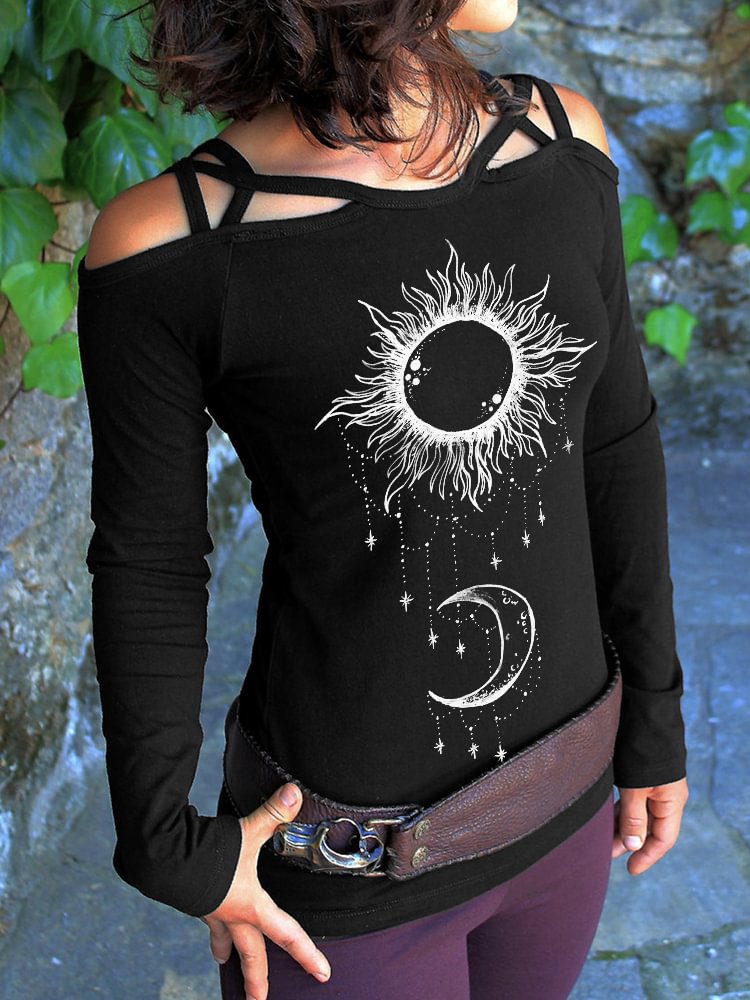 Sun & Moon Totem Hollow Shoulder T Shirt