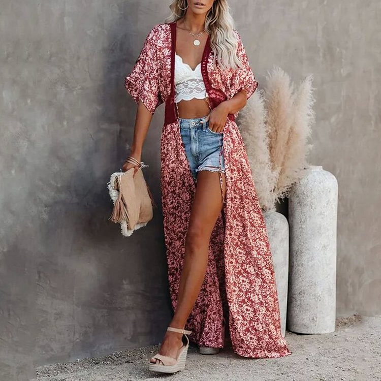VChics Loose Chiffon Lace Print Long Kimono