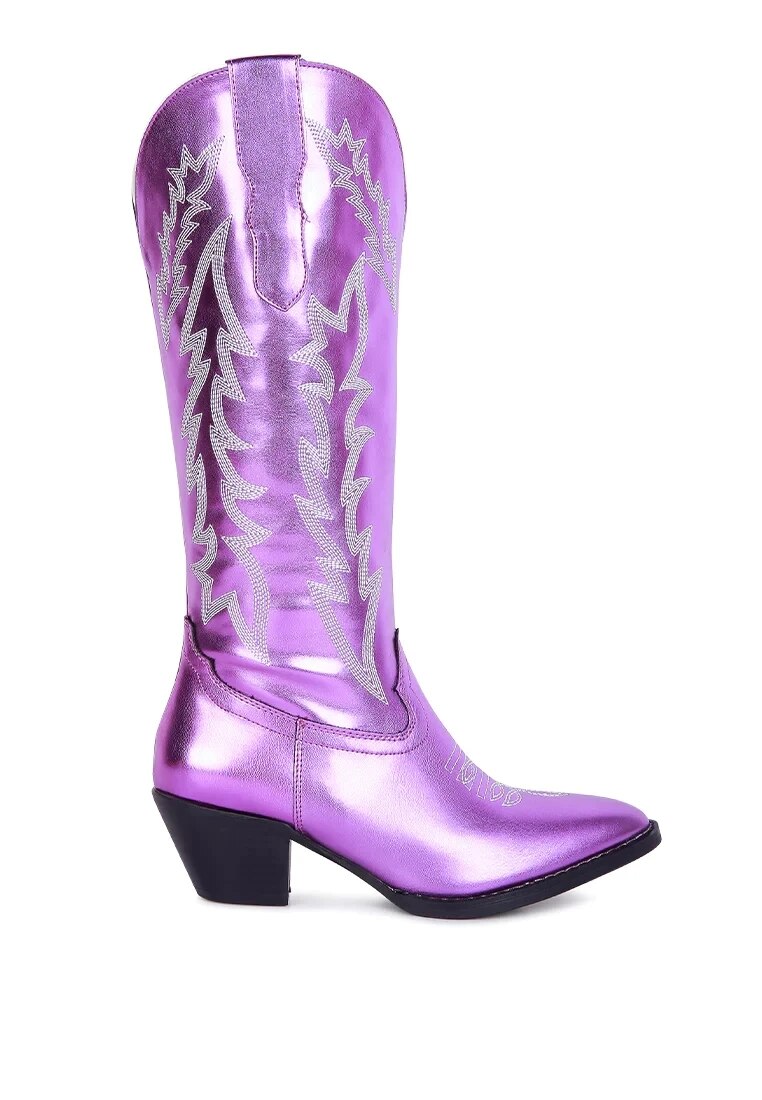 VCSHOES Women Western Boots Knee High Cowboy Purple Sewing Wedges Shoes Cowgirls Wide Calf Boots Size 44