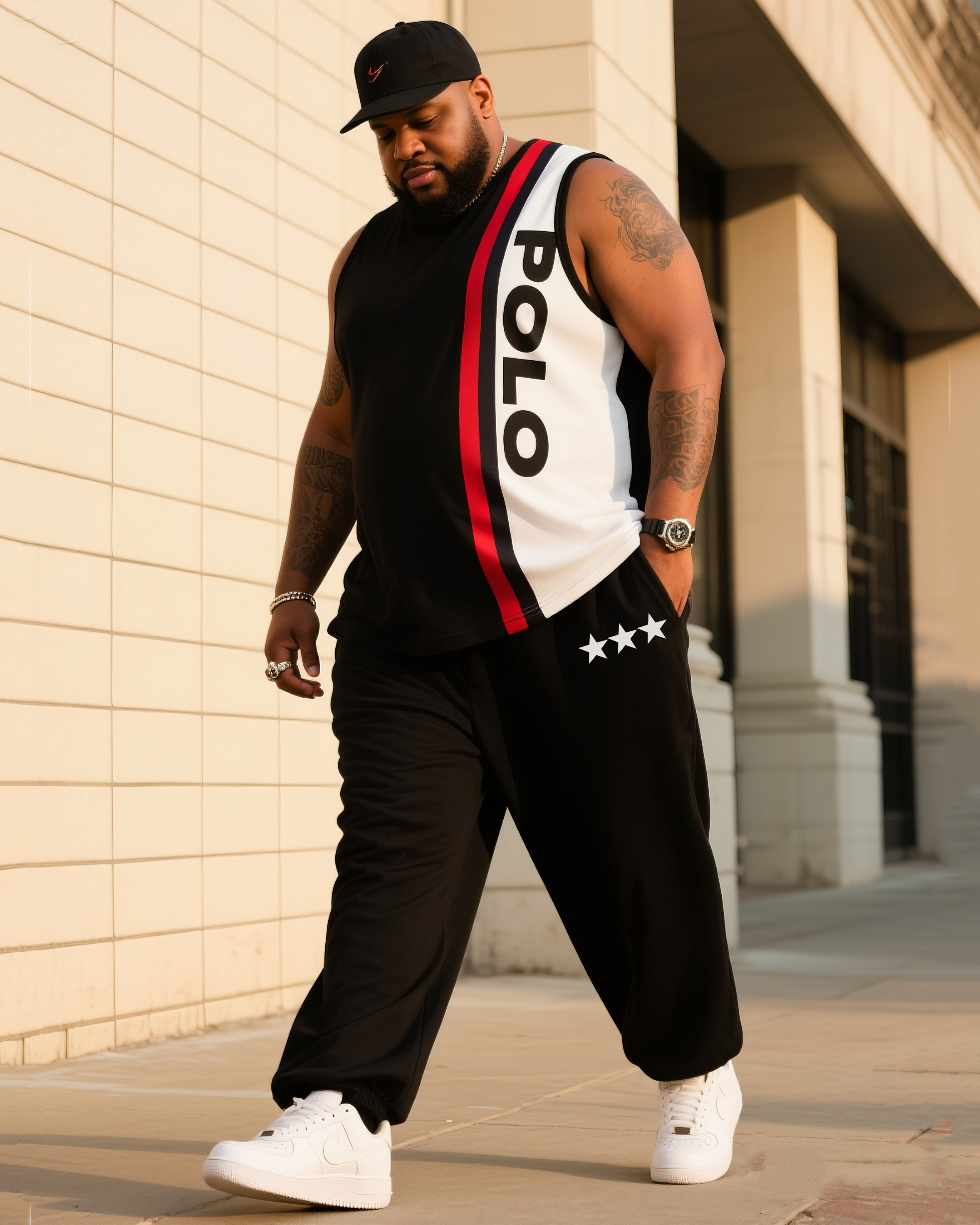 Men's Plus Size Daily Casual Colorblock LG Letter POLO Vest Trousers Suit