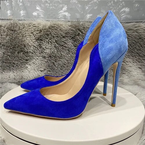 VCshoes Blue Flock Women Shoes 12cm Stiletto High Heels With Chic Ladies Dress Shoes Pointed Toe Silk Pumps Plus Size RM026