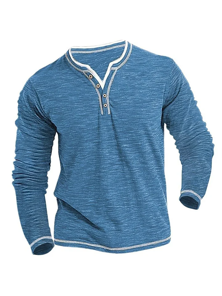 Color Cotton Small V-neck Placket Men's Casual Fall and Winter Long-sleeved Comfortable Soft Stretch Henley Shirt T-shirt-Cosfine