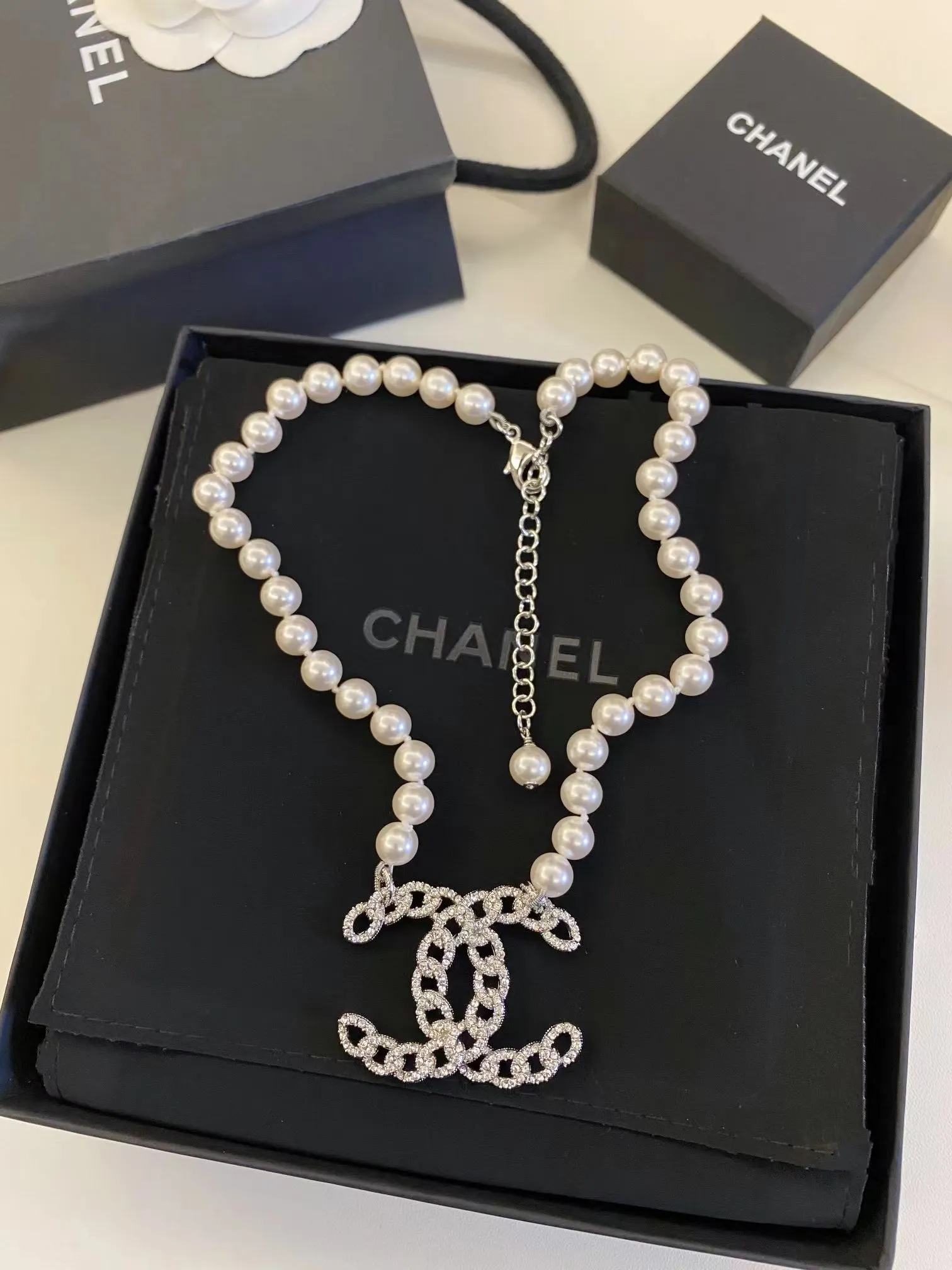 Chanel Hollow Big Double C Pendant Pearl Necklace