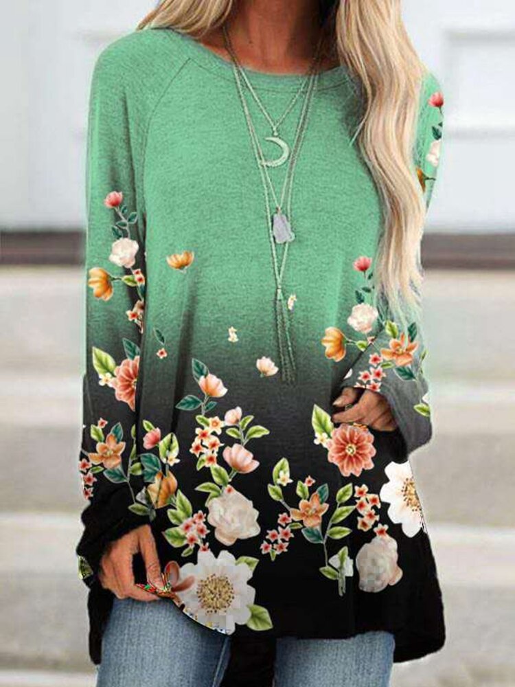 Gradients Flower Print Long Sleeve Vintage Blouse For Women P1762735