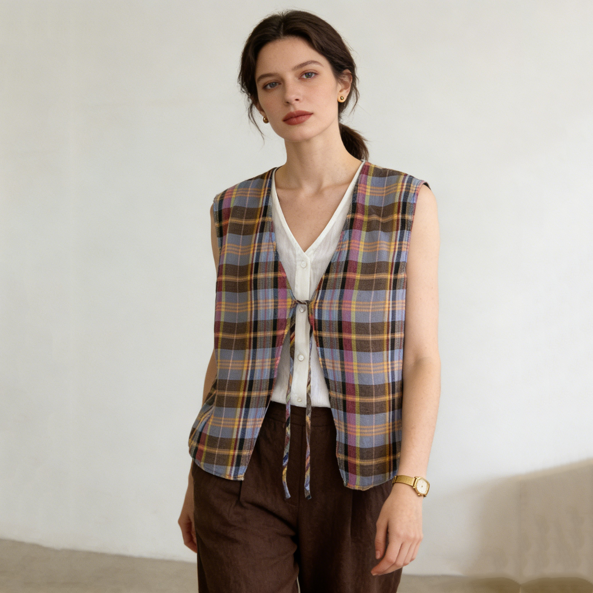Linen Vest Women 100% Linen V Neck Tie Front Layering Top Breathable REAL SILK LIFE