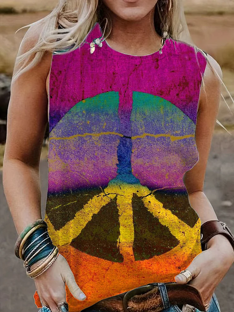 Retro Rainbow Peace Sign Print 100% Cotton Casual Tank Top socialshop