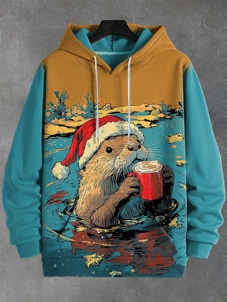 Men's Christmas Otter Drinking Coffee In The Water Japanese Art Print Hooded Zip Up Jacket