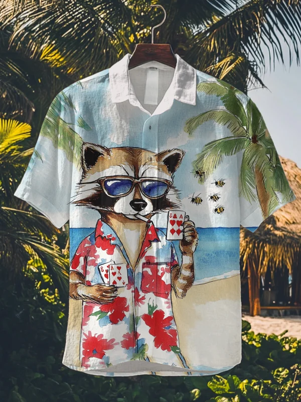 Men's Watercolor Art Raccoon Smokes And Plays Cards Print Short Sleeve Shirt