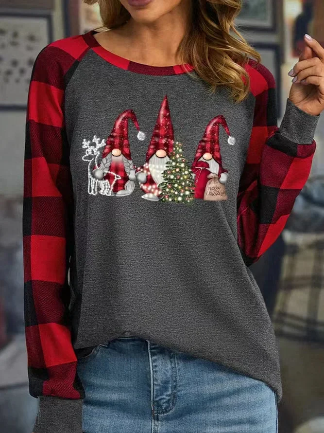 Women's Christmas Gnome Crew Neck Geometric Long Sleeve T-Shirt socialshop