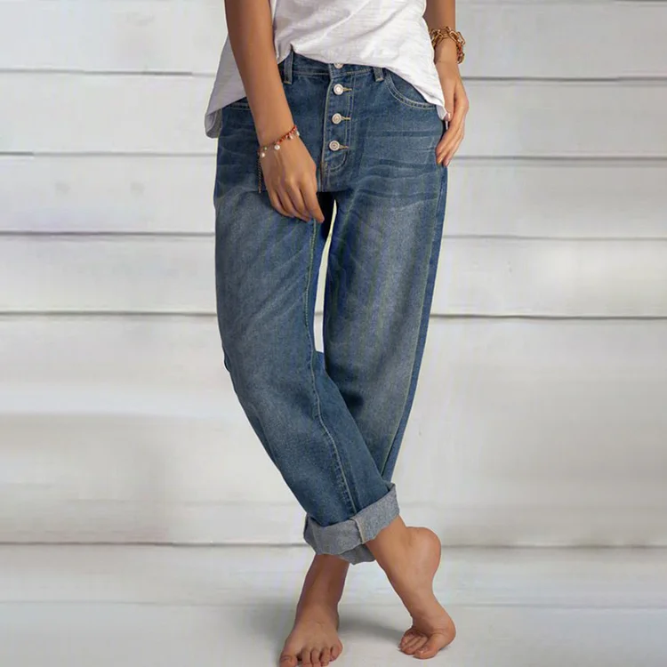 Cotton Loose Blue Casual Buttoned Jeans