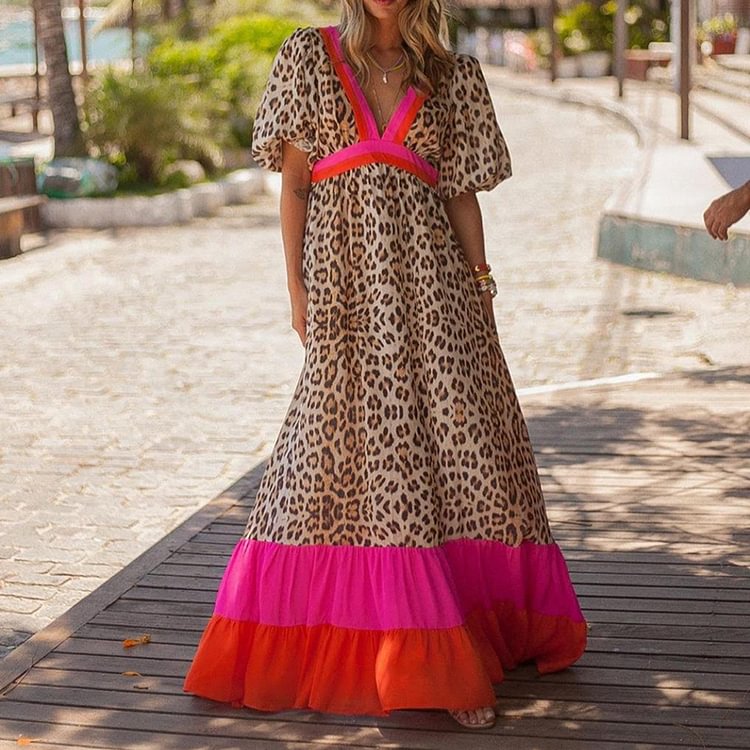 Comstylish Loose Leopard Colorblock Maxi Dress