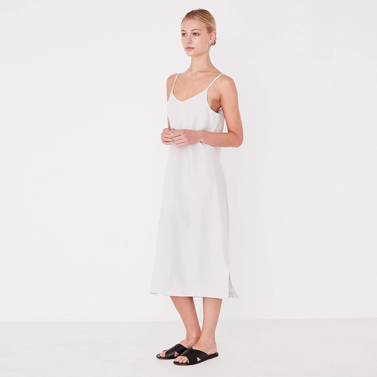 White Linen Dress With Slits at The Bottom-ChouChouHome