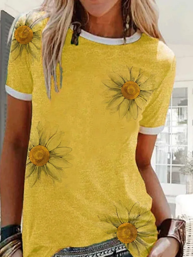 Bestdealfriday Yellow Round Neck Short Sleeve Printed Patchwork Shirts Tops 8623104