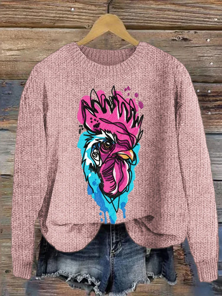 Farm Chicken Embroidered Pattern Crew Neck Sweater