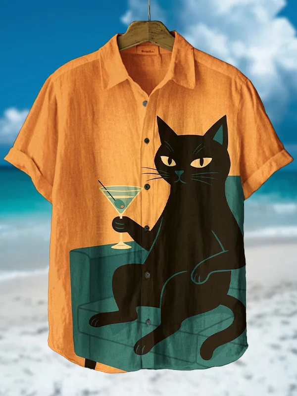 Men's Black Cat Drinks Cocktail Print Short Sleeve Shirt