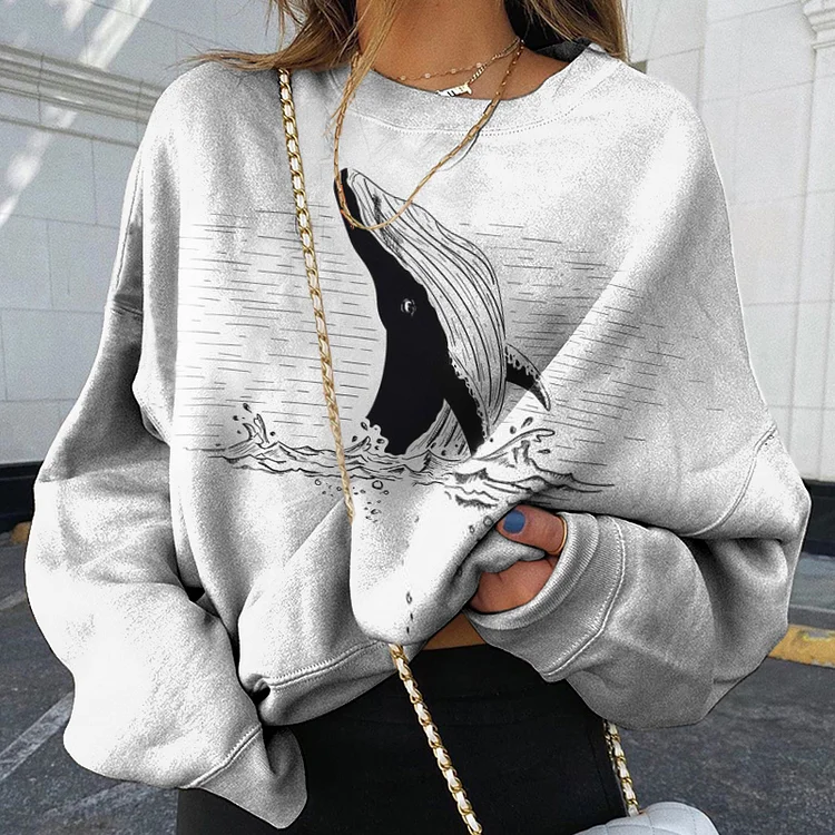 Vefave Crew Neck Whale Print Loose Sweatshirt