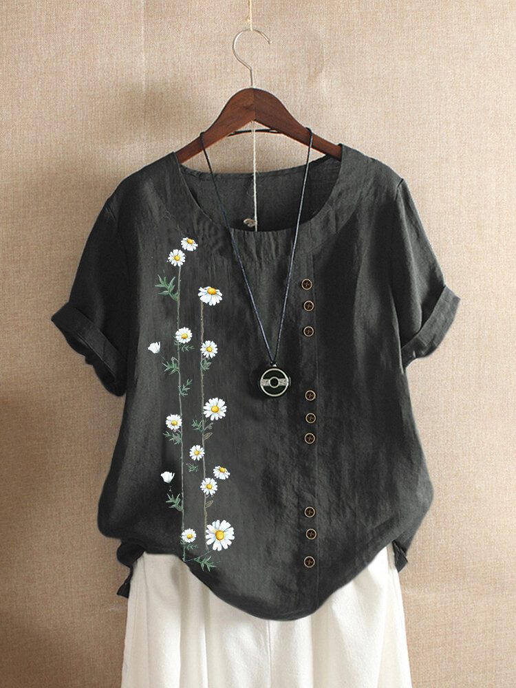 Floral Printed Short Sleeve Button T shirt For Women P1670148