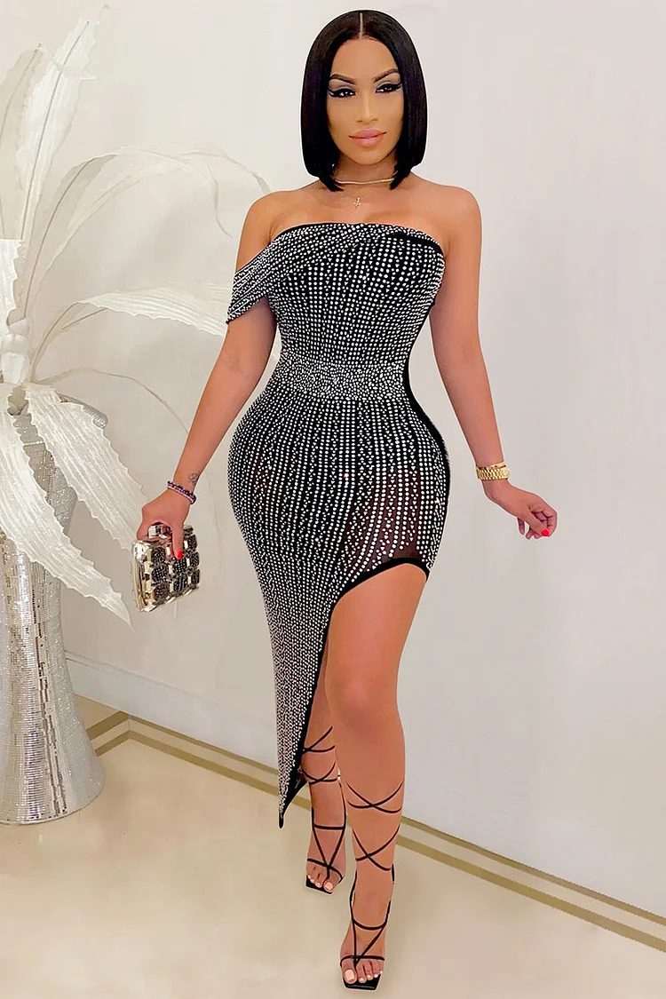 Off Shoulder Sleeveless Asymmetric Hem Rhinestone Bodycon Party Midi Dresses