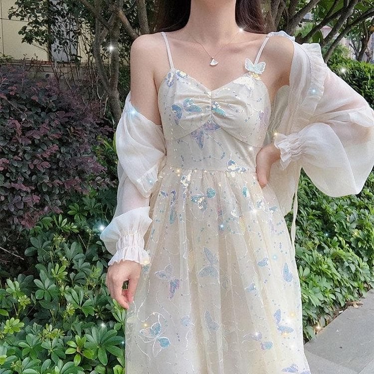 Dreamy Summer Iridescent Butterflies Beige Straps Long Dress SP16108