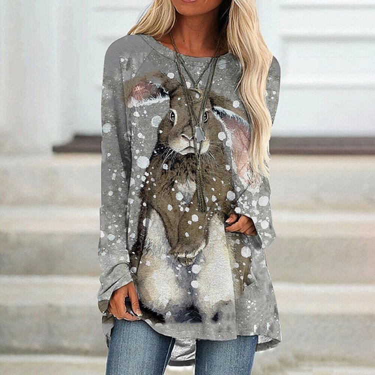 Simple Crew Neck Rabbit Print Long Sleeves Tunic