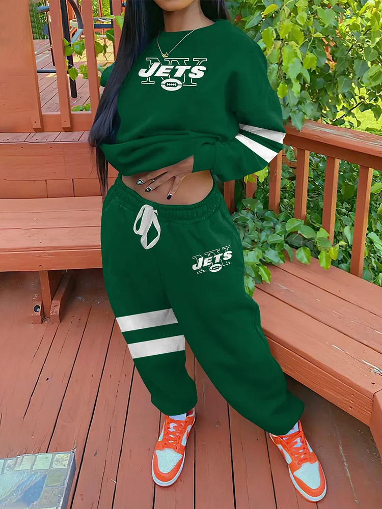 NFL JETS Women's Sports Crew Neck Sweatshirt Sweatpants Two-Piece Set