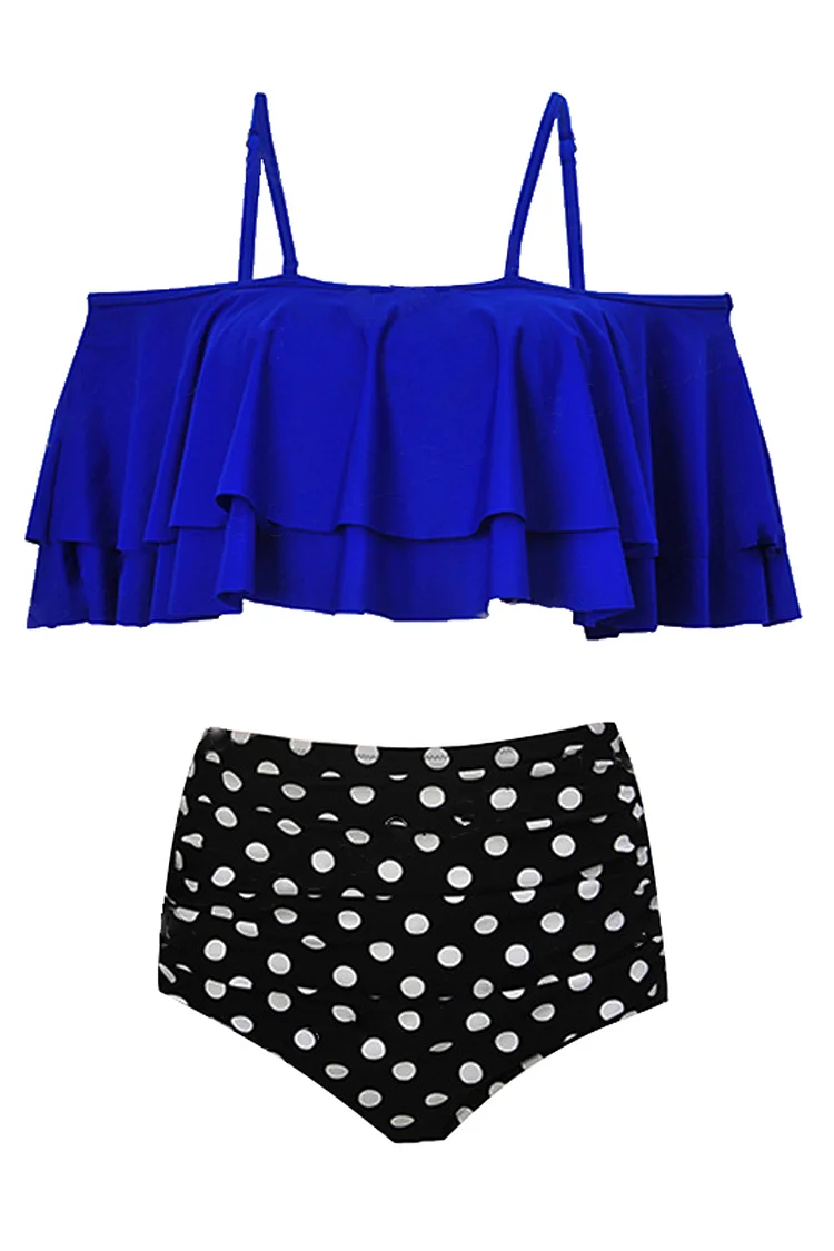 1950s Blue Vacation Cold Shoulder Ruffle Stitching Polka Dot Print Two Pieces Swimsuit Set