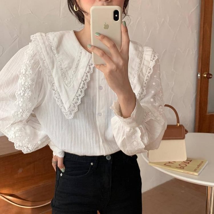 Alien Kitty New Arrival Elegant Tops Women Shirt Lace Stitching Lantern Sleeve Doll Collar Korean Style Loose Blouse Blusas