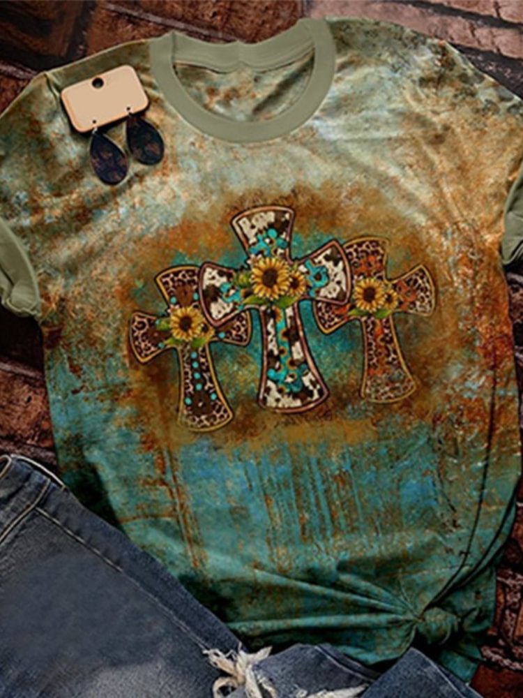 Vefave Retro Western Cross Sunflower Print Casual T Shirt